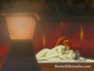 Slutty anime sheboys slikking deres tongues og lager kjærlighet i soverom